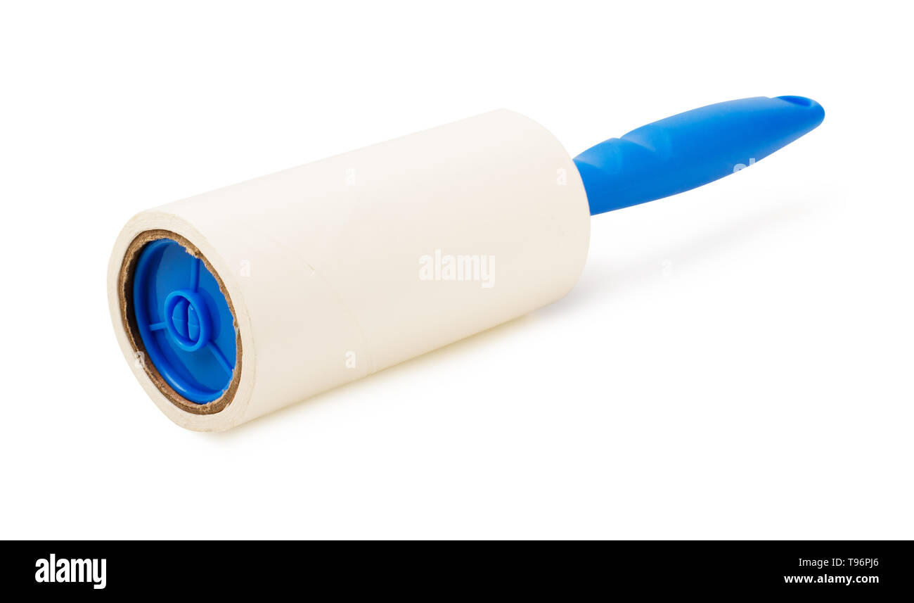 Rouleau adhésif ou bâtonnet nettoyant pour le nettoyage des vêtements de fourrure animale et cheveux isolé sur fond blanc Banque D'Images