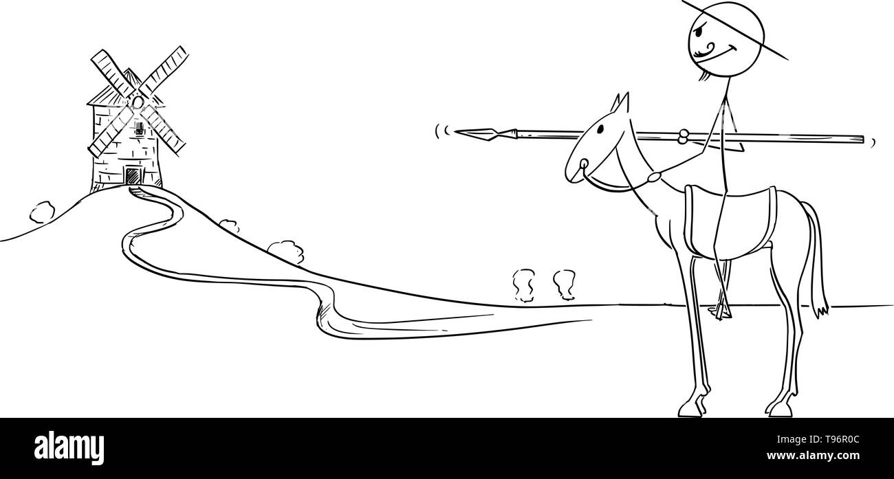 Vector cartoon stick figure illustration de Knight sur cheval avec moulin sur l'arrière-plan - Don Quijote, personnage de livre l'ingénieux hidalgo Sir Quichotte de la Manche, Miguel de Cervantes Illustration de Vecteur