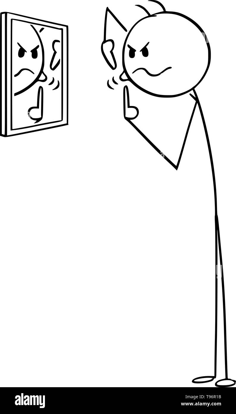 Vector cartoon stick figure dessin illustration conceptuelle de l'homme qui est à la recherche de miroir et popping gros bouton sur son visage la peau. Illustration de Vecteur