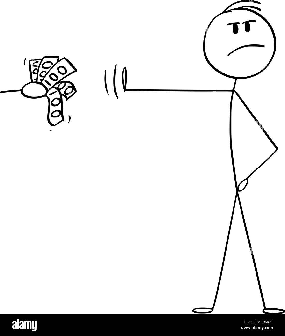 Vector cartoon stick figure dessin illustration conceptuelle des principes retenus ou haute-homme de principe rejetant l'argent ou pot-de-vin ou de l'argent avec geste de la main et la pose. Illustration de Vecteur