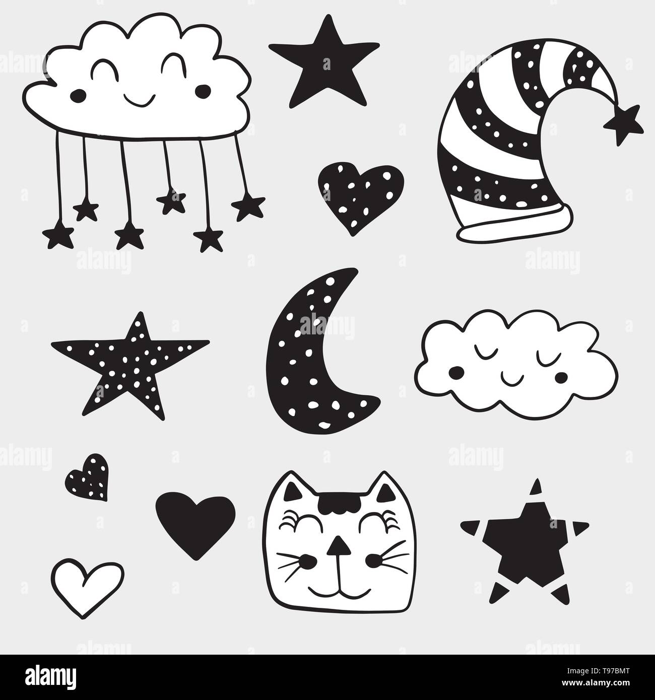 Mignon doux rêves enfantins de symboles. Bonne nuit l'art stylisé noir et blanc illustration vectorielle. Illustration de Vecteur