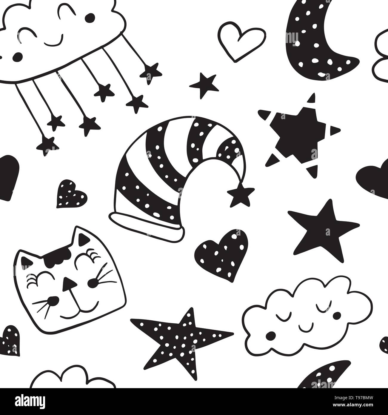 Bonne nuit modèle homogène. Doux rêves enfantins de répéter l'arrière-plan. La main d'illustration vectorielle, l'art. Illustration de Vecteur