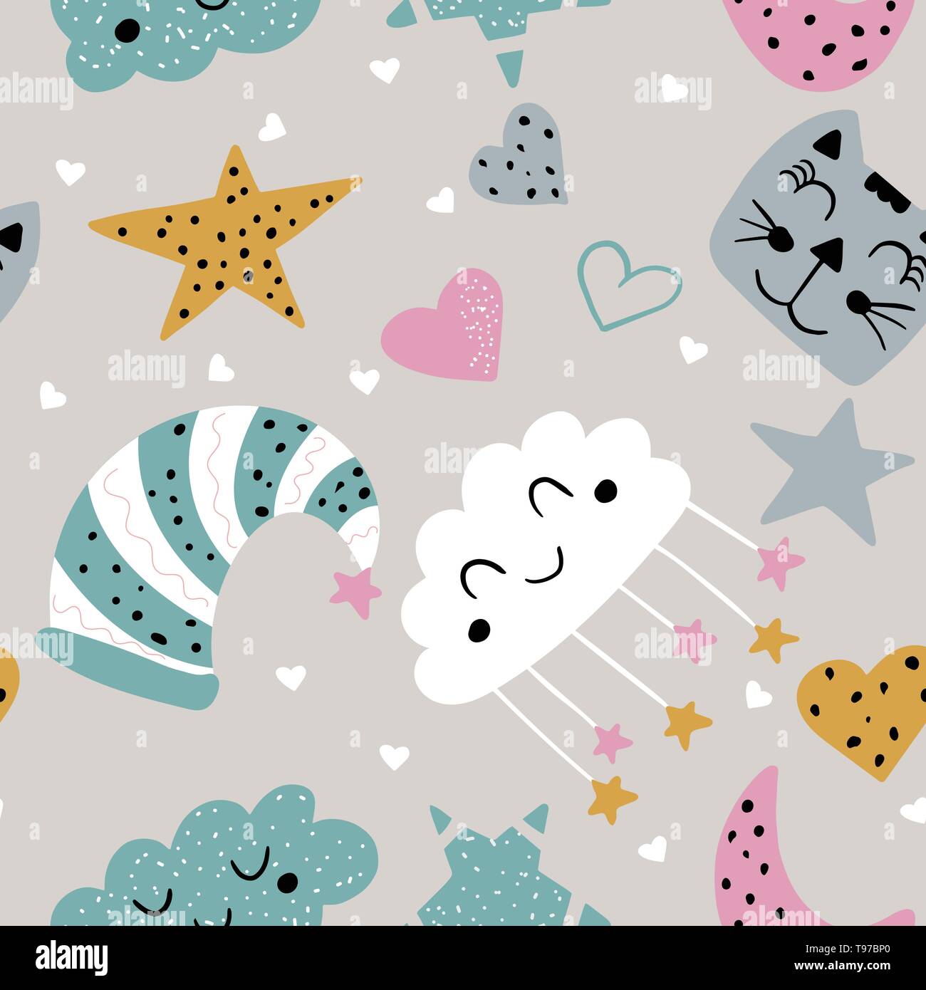 Bonne nuit modèle homogène. Doux rêves enfantins de répéter l'arrière-plan. Vector illustration colorée à la main l'art. Illustration de Vecteur