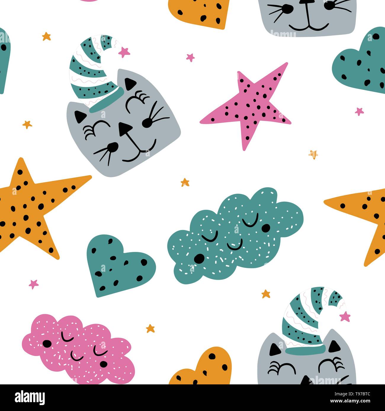 Chat dans un dernier verre modèle homogène. Arrière-plan de répétition enfantine mignon textile, tissu, papier d'emballage, l'emballage, l'école maternelle. Vector illustrati Illustration de Vecteur