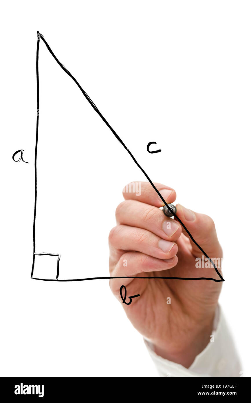 Droit de tirage enseignant triangle sur tableau blanc virtuel expliquant le théorème de Pythagore. Banque D'Images