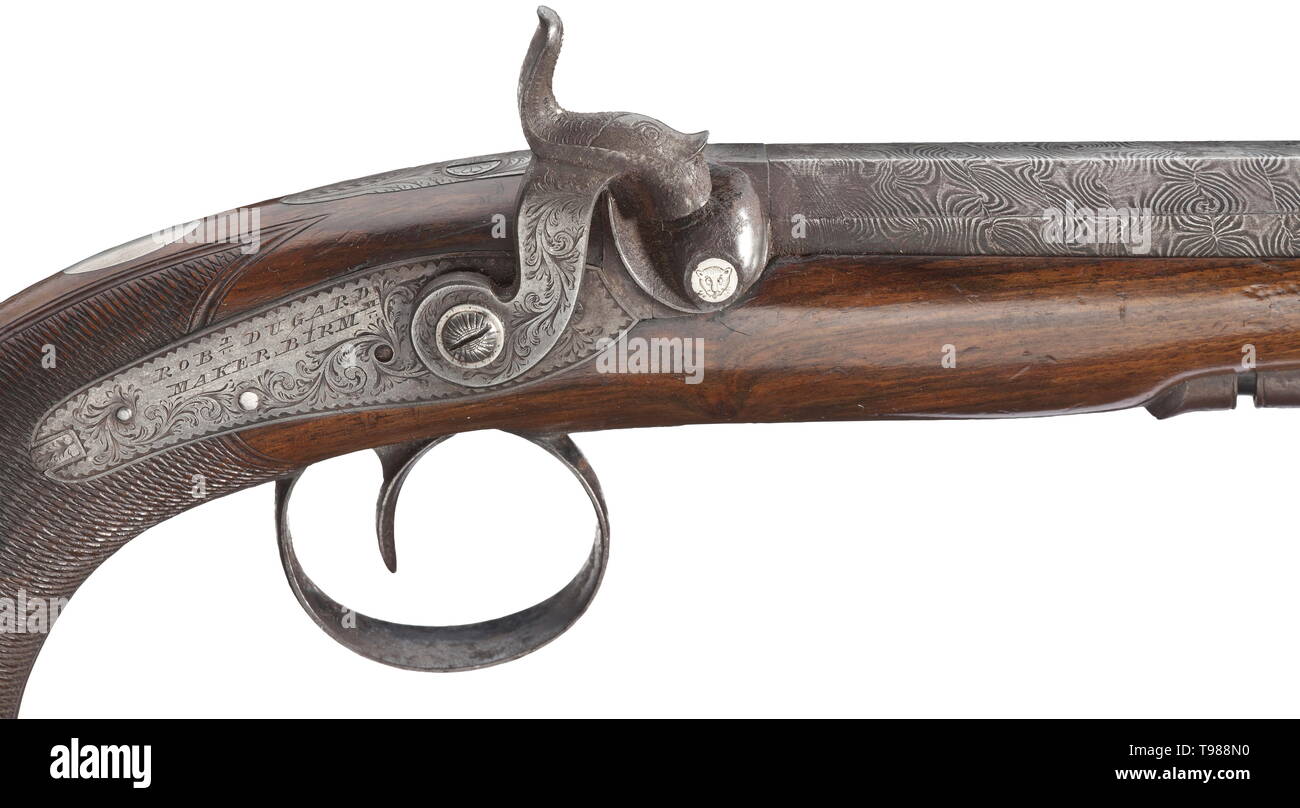 Une paire de pistolets à percussion, Robert Dugard, Birmingham, vers 1833 - un cadeau de la ville de Birmingham au gendarme G. C. octogonale Lingham, canons en damas à canon lisse de calibre 13 mm avec breechblocks des brevets. Florally, gravé à l'arrière serrures de percussion d'action, les plaques de signé 'ROBT. DUGARD BOUILLOIRE BIRMM.' stocks noyer avec crosse quadrillée et florally trigger gravé les protections. Pistolet soit décoré de l'autre côté de la serrure par une plaque d'argent gravé, incrusté à lire 'G. C. L'AGENT LINGHAM D BIRMM : 1833 & 34.' ra, Additional-Rights-Original-Clearance-Info Not-Available Banque D'Images