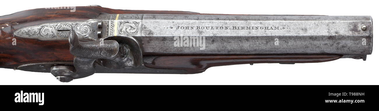 Une paire de pistolets à percussion avec tubage, un présent à l'agent John Boulton, Birmingham, 1839 Canon rayé avec tops aplati en calibre 12,5 mm, les alésages avec bon groove/profil des terres, gravé et décoré avec des incrustations d'or sur la bande de la chambre, le canon tops avec le nom du propriétaire. Serrures de percussion gravée avec de fines feuilles de défilement. Grain fin avec des stocks magnifiquement noyer reste de bleuissage et d''un mobilier en fer gravé. Ramrods articulée. Longueur 24,5 cm. Dans légèrement défraîchi et frotté, doublée de velours violet ma 19ème siècle, Additional-Rights Clearance-Info-Not-Available- Banque D'Images