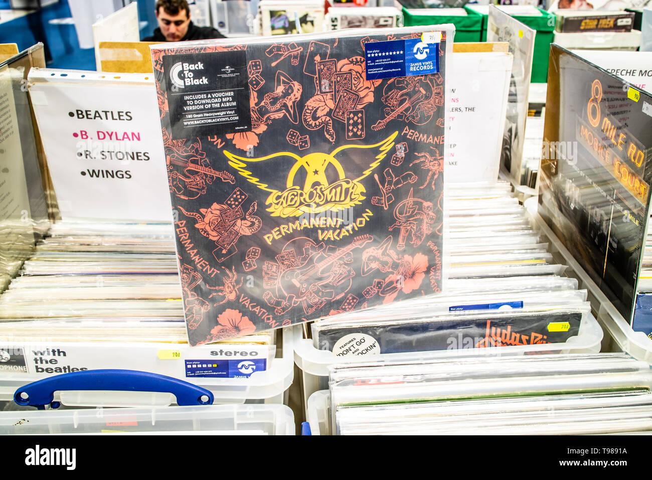 Nadarzyn, Pologne, le 10 mai 2019 album vinyle Aerosmith sur l'affichage pour la vente, vinyle, CD, album, Rock, groupe de rock américain, collection de vinyls Banque D'Images