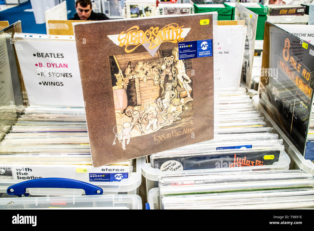 Nadarzyn, Pologne, le 10 mai 2019 album vinyle Aerosmith sur l'affichage pour la vente, vinyle, CD, album, Rock, groupe de rock américain, collection de vinyls Banque D'Images