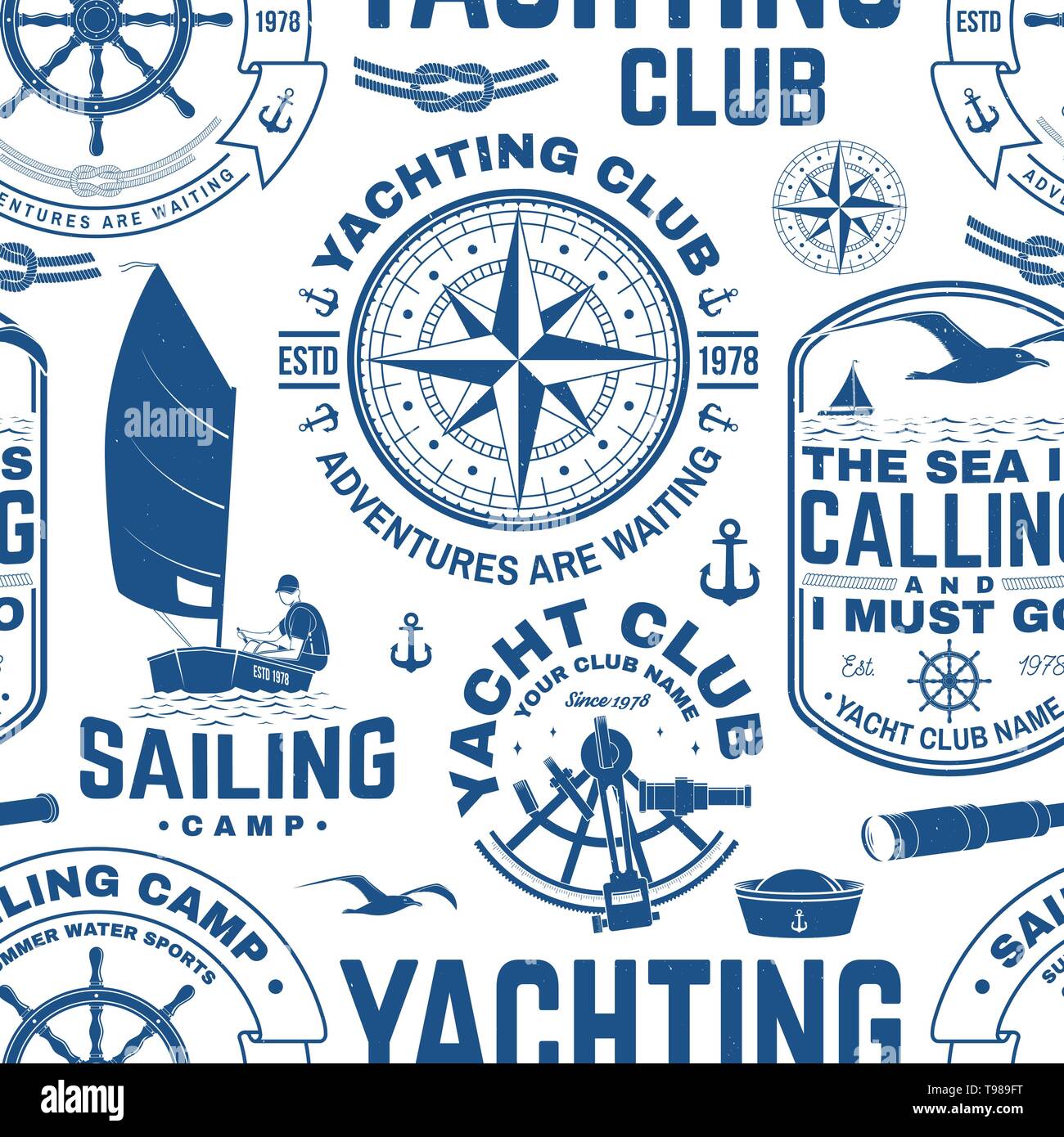 Yacht club modèle homogène ou d'arrière-plan. Vector illustration. Concept pour le yachting shirt, impression, stamp ou tee. Avec la conception de roue, sea anchor, boussole, sextant et corde knot silhouette. Illustration de Vecteur