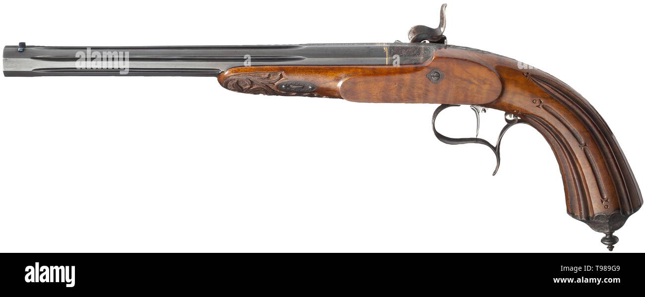 Une paire de pistolets à percussion avec tubage, Johann Springer à Vienne, vers 1850 barils octogonale avec section centrale cannelée et original le brunissage. Canons rayés en calibre 9 mm. Sites touristiques avant d'aronde, cadran arrière réglable, sites touristiques. Les culottes avec des incrustations en or la signature 'J. Dans Springer Wien', les racines de la barils avec des incrustations en or décoré d'arabesques. Les escargots et les tenons avec décoration d'acanthe ciselées profondément. Les barils et les tenons numérotés de '1' et '2', respectivement. Décorées avec des serrures, profondément marquée de vrilles et de créatures mythiques comme Additional-Rights Clearance-Info-w,-Not-Available Banque D'Images