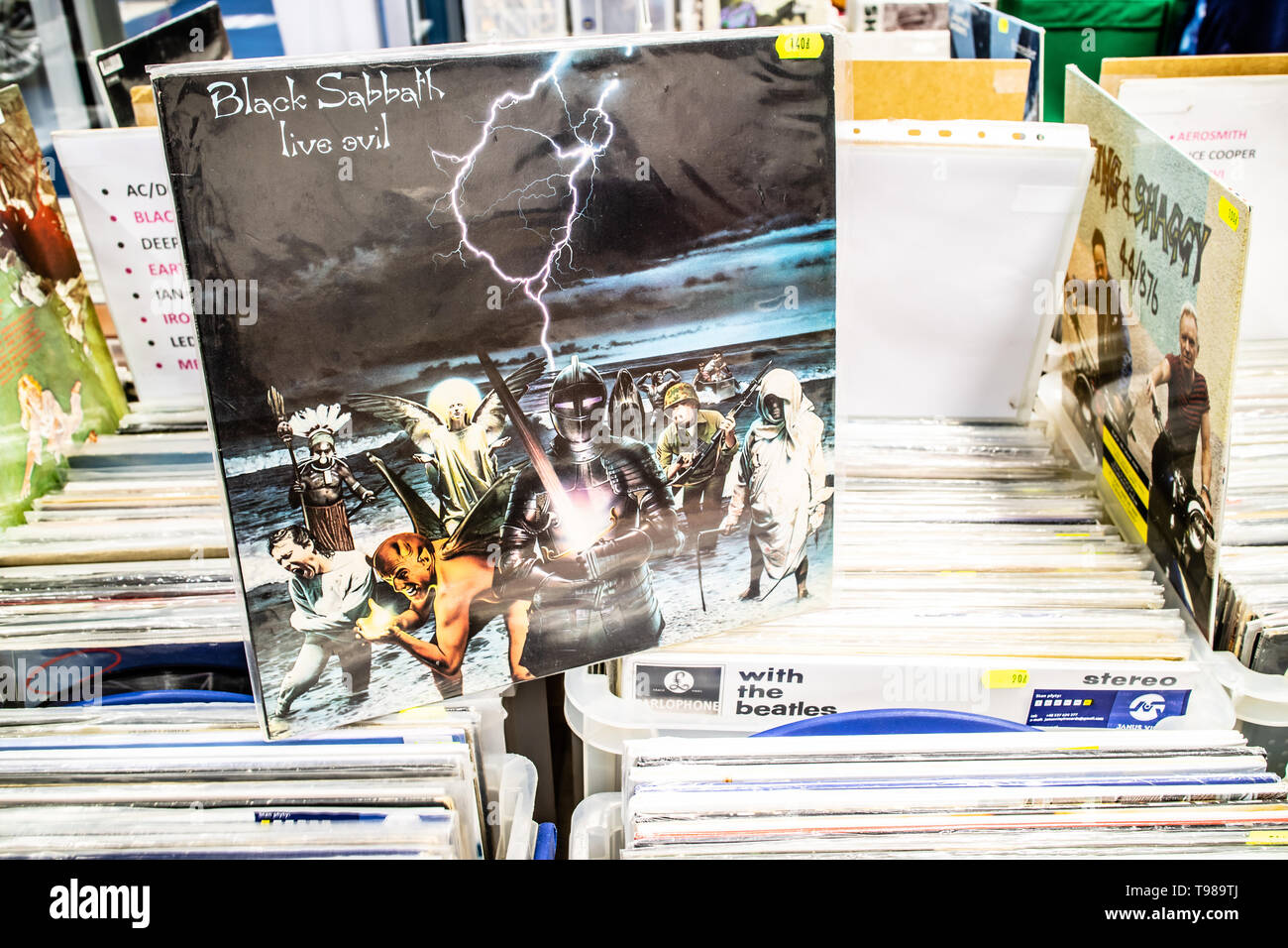 Nadarzyn, Pologne, le 11 mai 2019 Black Sabbath album vinyle sur l'affichage pour la vente, vinyle, CD, album, Rock, groupe de rock anglais, collection de vinyls Banque D'Images