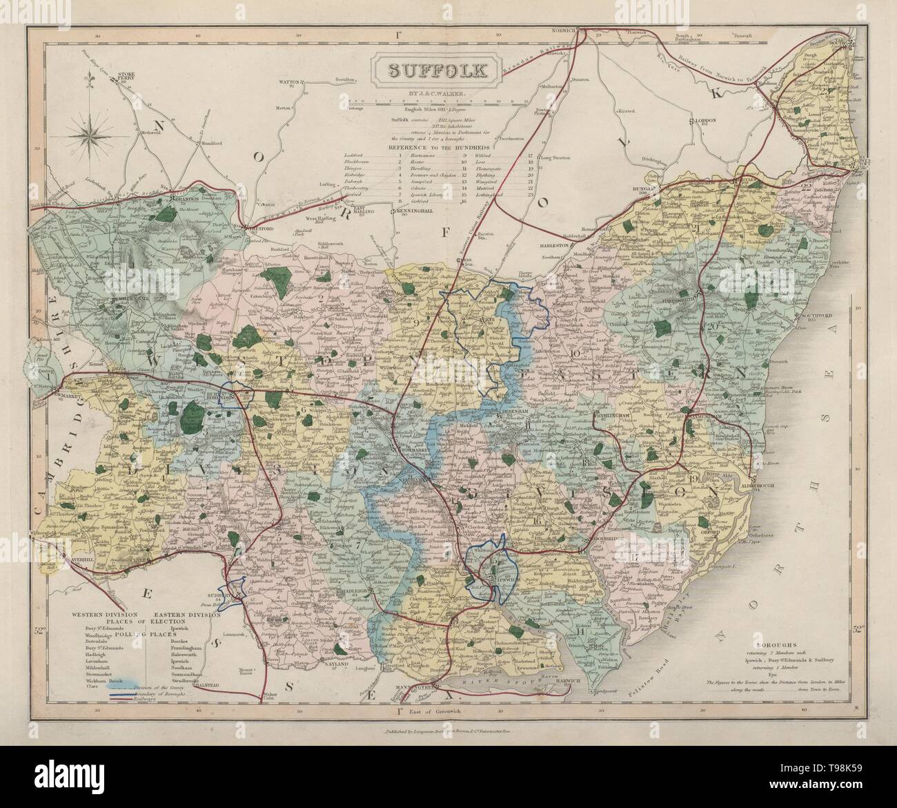 Suffolk comté ancien site par J & C Walker. Chemins & quartiers 1868 ancien Banque D'Images