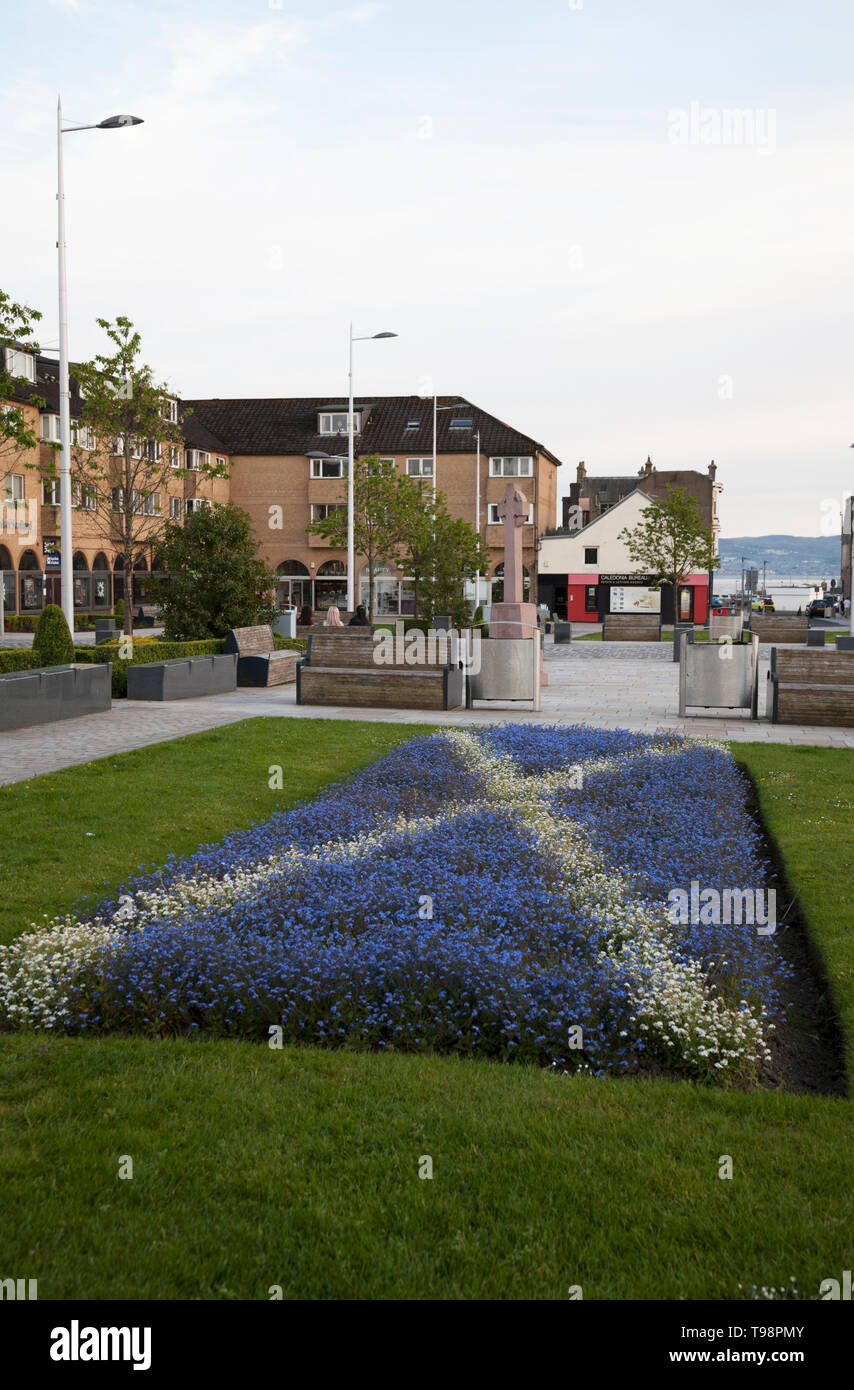 Jardin aménagé avec forget-me-nots en bleu et blanc dans la forme de la Scottish flag, ou croix de St Andrews, Écosse, Helensburgh Banque D'Images