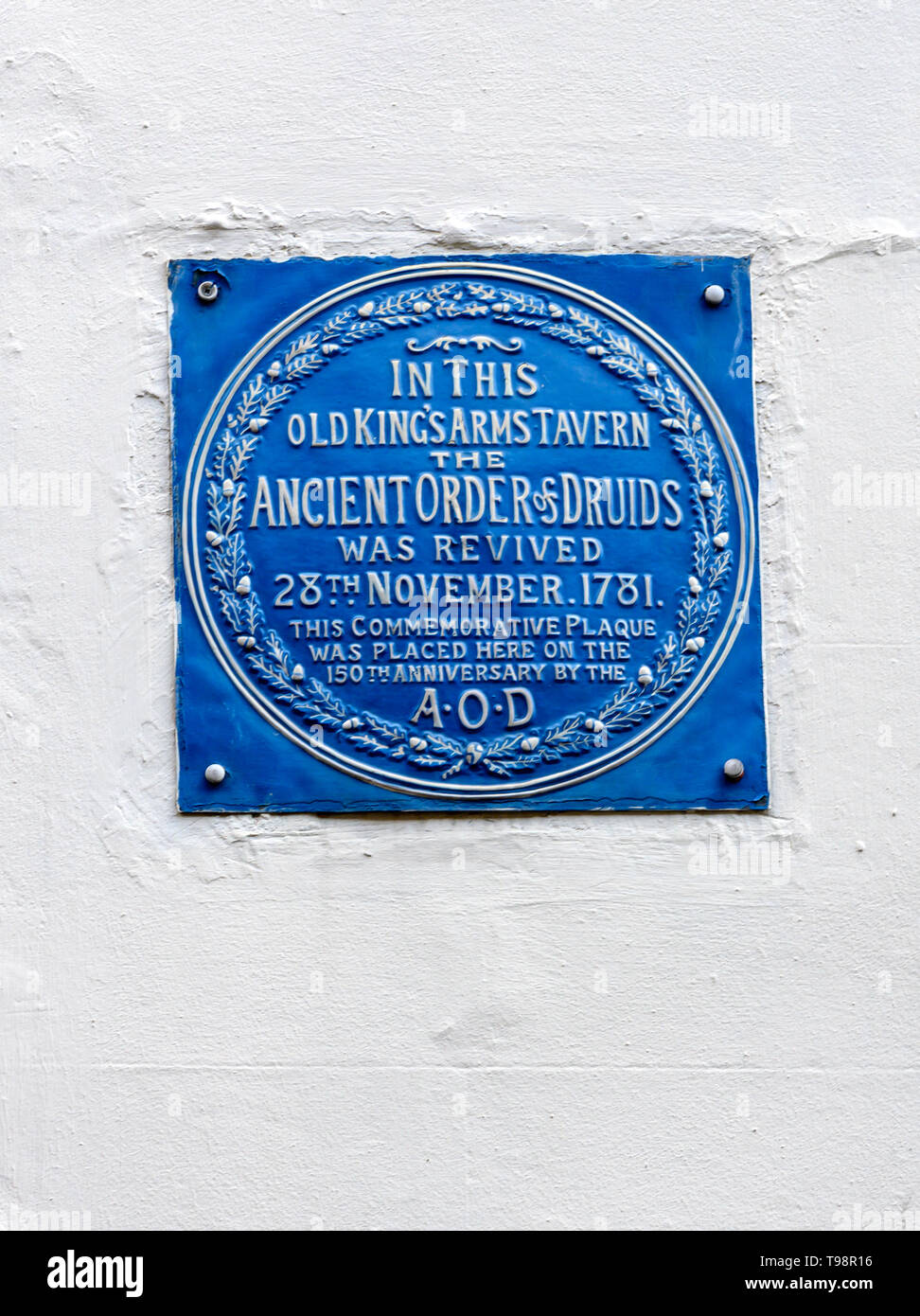 Marquage de la plaque la taverne où l'ancien ordre des druides a été relancé en 1781, la Pologne Street, Soho, Londres, Angleterre, Royaume-Uni. Banque D'Images