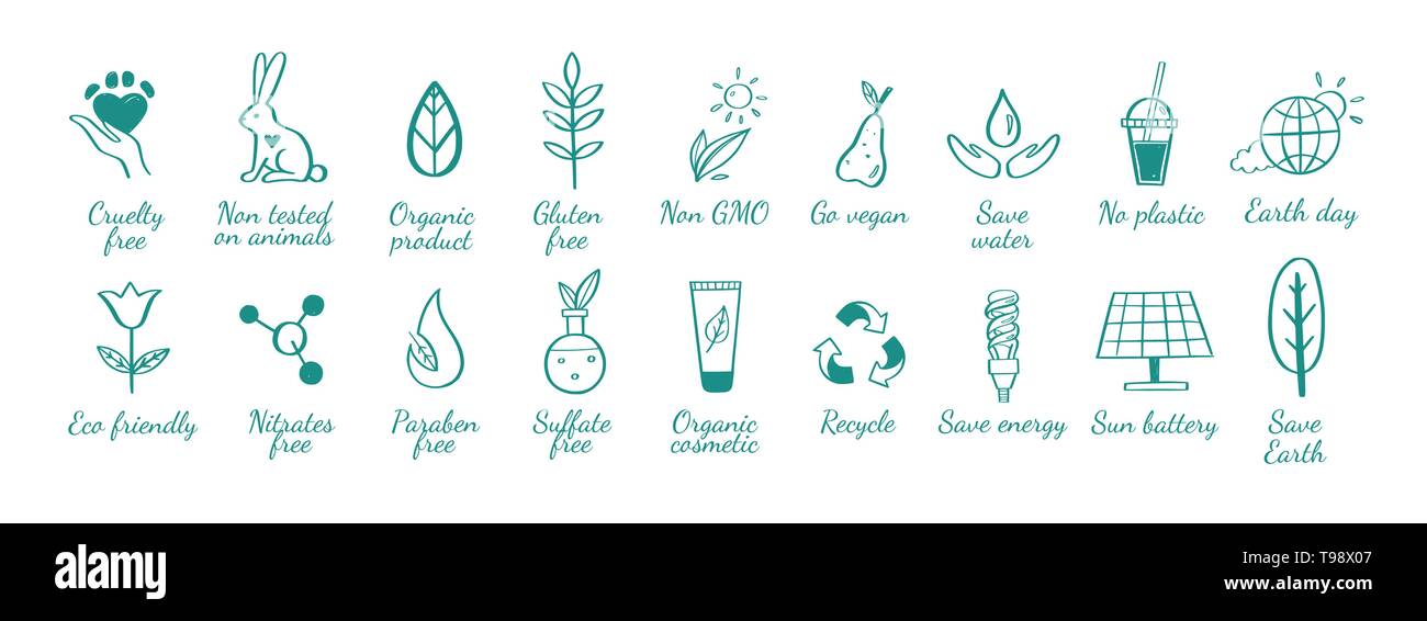 Eco Friendly, écologie vector hand drawn icons set. Cosmétiques Bio, zéro déchet, économiser la terre et d'un style de vie sain Illustration de Vecteur