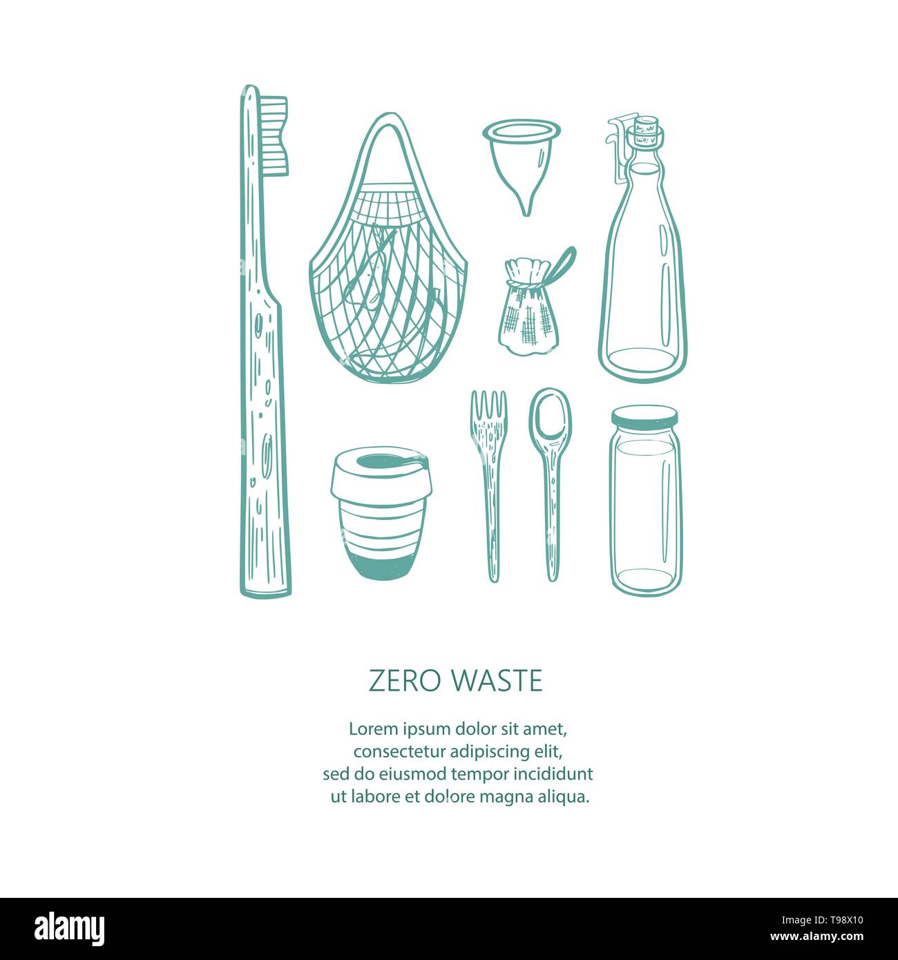 Zéro déchets vector hand drawn infographie background.Collection d'eco et éléments naturels. Rendez-vous sur concept vert. Illustration de Vecteur