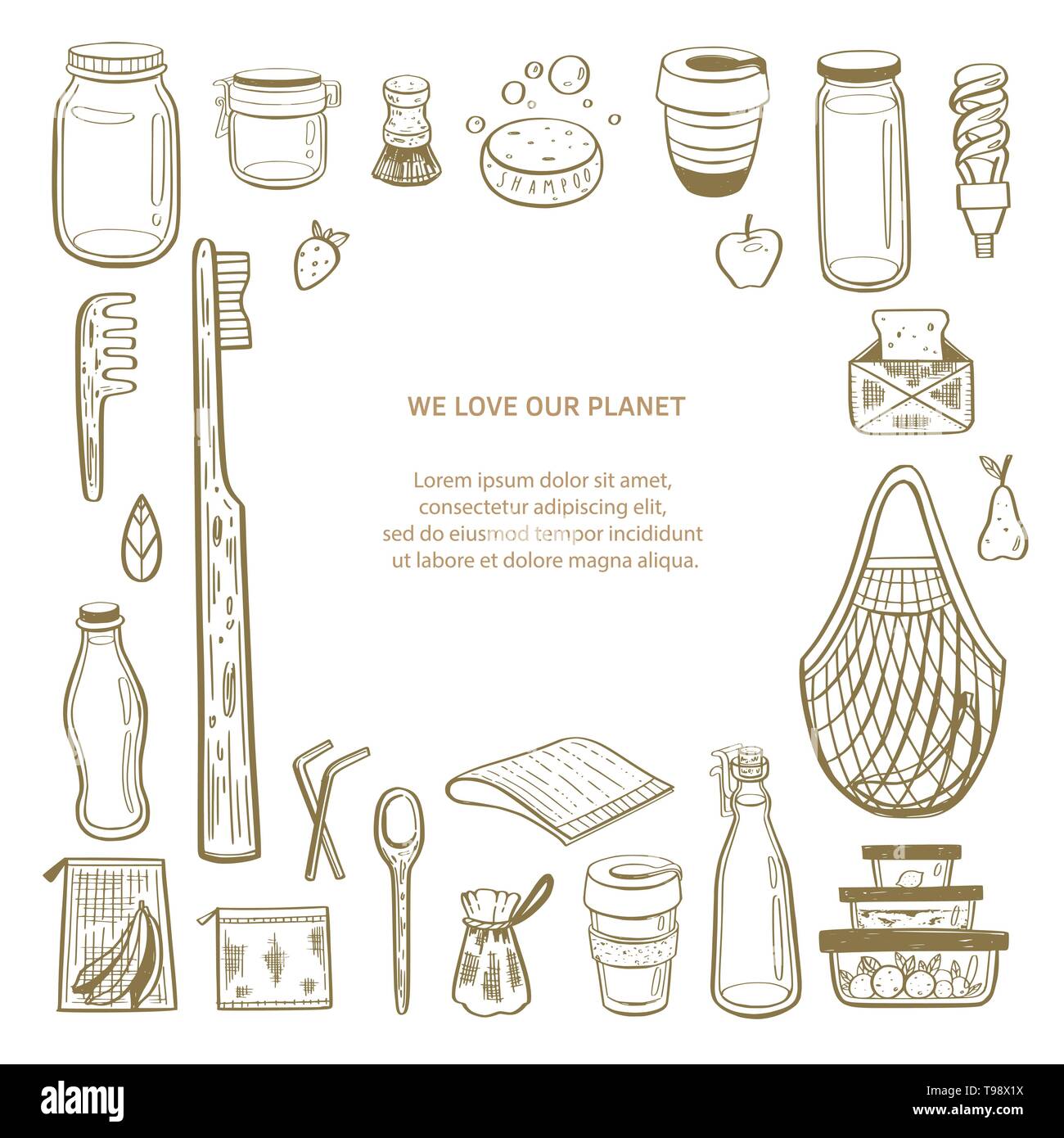 Zéro déchets vector hand drawn infographie background.Collection d'eco et éléments naturels. Rendez-vous sur concept vert. Illustration de Vecteur