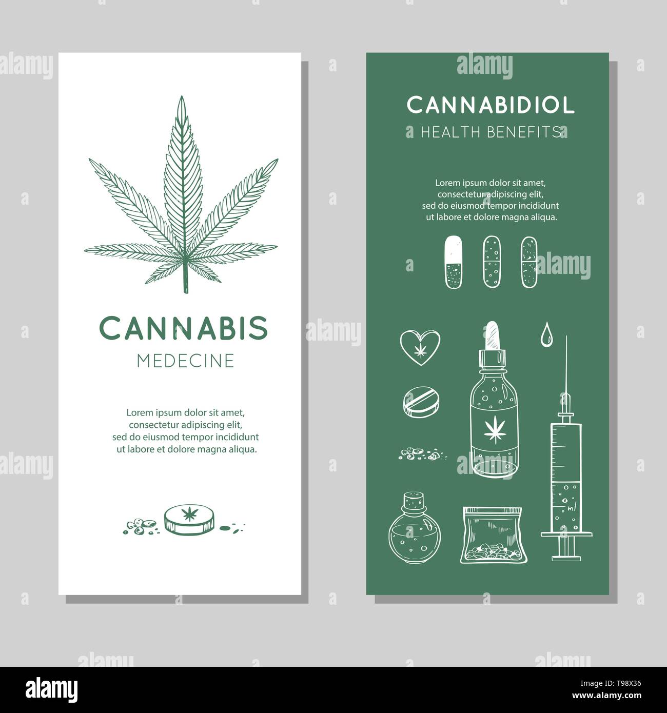 Avantages pour la santé contexte vecteur cannabidiol, bannières. Infographie dessiné à la main ensemble de cannabis, de marijuana médicale. Comprimés, flacons, d'huile et d'autres Illustration de Vecteur