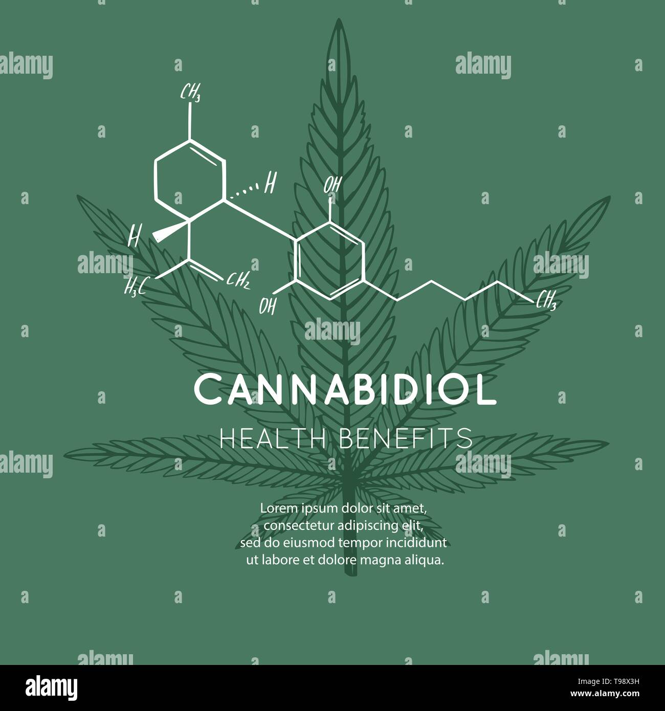 Vector background, bannière, avec l'affiche de la formule de la CDB. Feuille de Cannabis en medecine concept. Avantages de santé Illustration de Vecteur