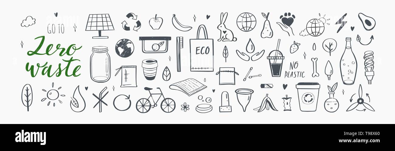 Zéro déchets vector hand drawn infographic set.Collection d'eco et éléments naturels. Rendez-vous sur concept vert Illustration de Vecteur