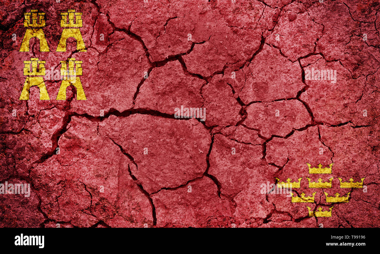 Région de Murcie drapeau, communauté autonome d'Espagne, sur la terre sèche sol texture background Banque D'Images