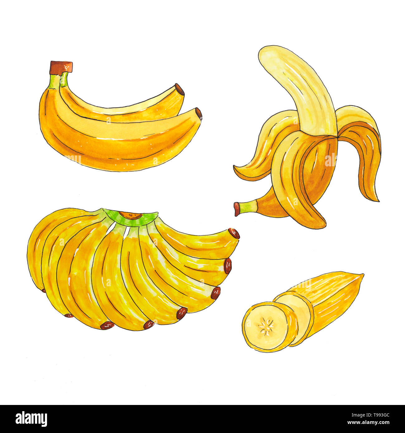 Ensemble de main dessiné avec marqueurs aquarelle banane isolé sur fond blanc Banque D'Images