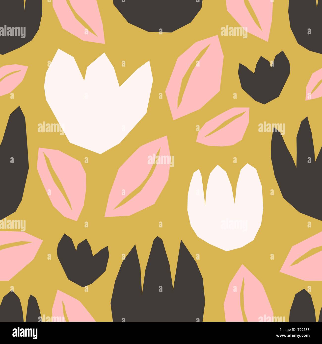 Motif répétitif sans couture avec papier coupé des formes en blanc, rose et noir sur fond vert. Papier peint moderne et élégant, l'arrière-plan web, fa Illustration de Vecteur