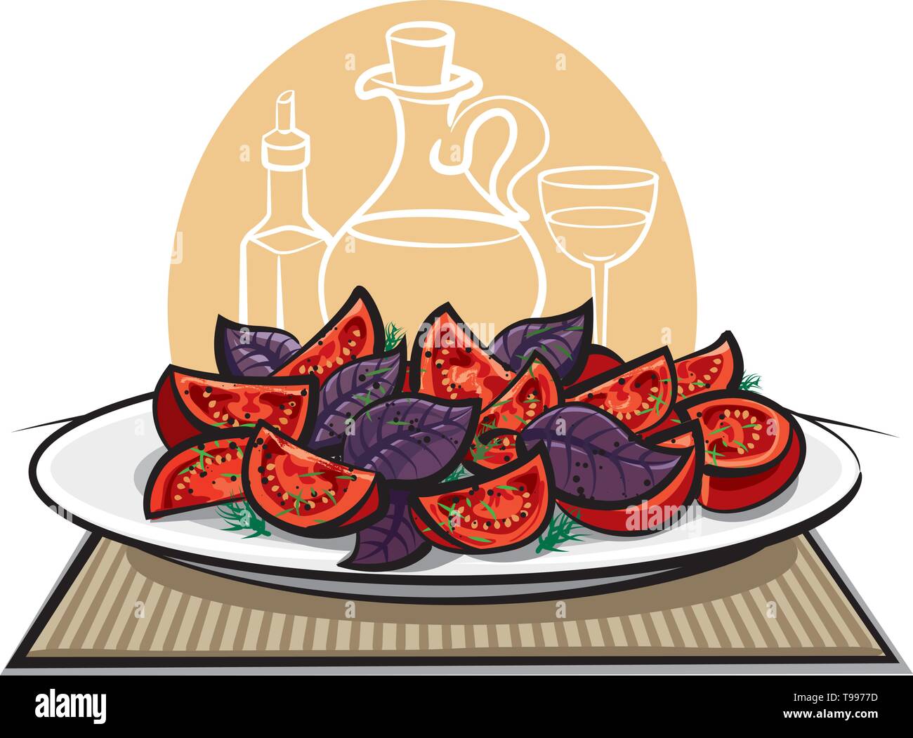 Salade de tomates et basilic Illustration de Vecteur