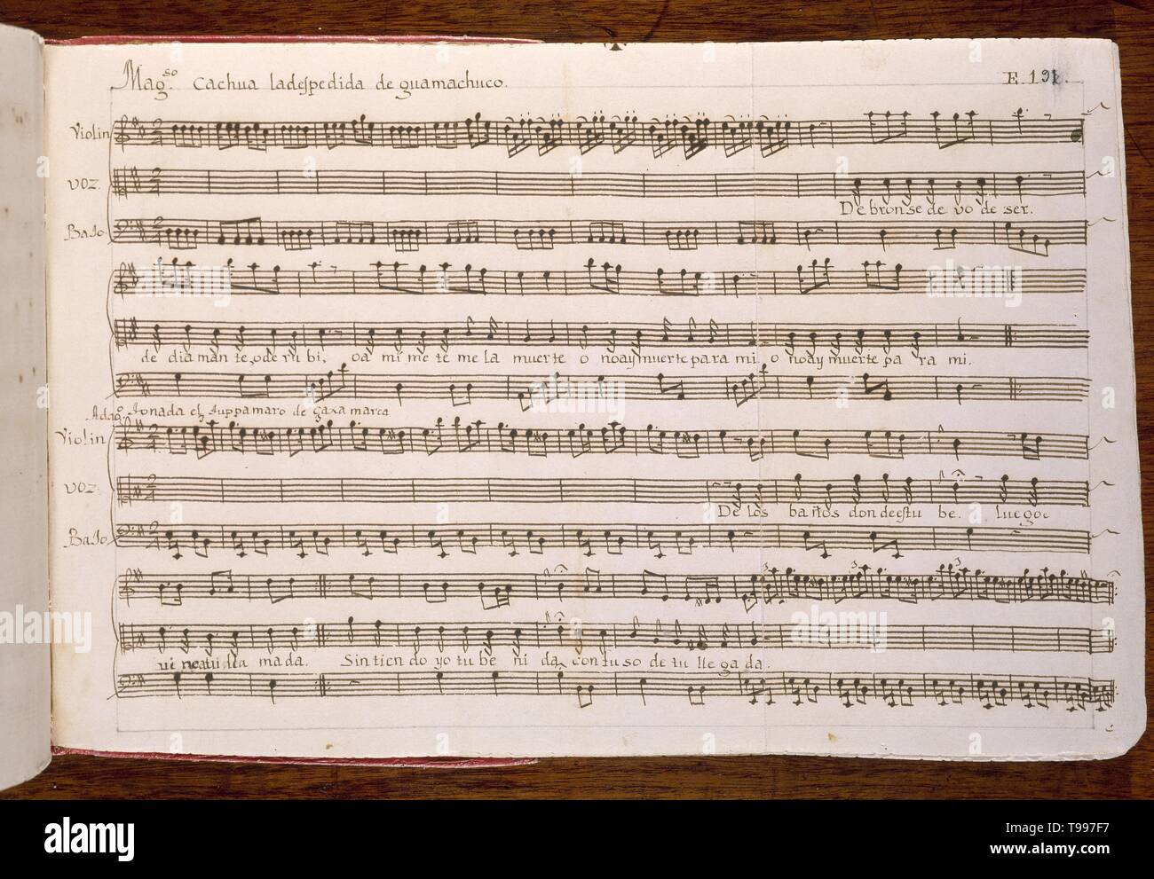 CODICE TRUJILLO DEL PERU - TOMO II E 191 - CACHUA LA DESPEDIDA DE GUAMUCHACO - MANUSCRITO - siglo XVIII. Auteur : MARTINEZ COMPAÑON BALTASAR. Emplacement : PALACIO REAL-BIBLIOTECA. MADRID. L'ESPAGNE. Banque D'Images