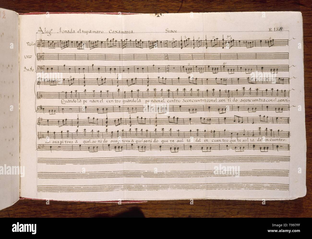 CODICE TRUJILLO DEL PERU - TOMO II E 188 - ALLEGRO - TONADA EL TUPARO - CAXAMARCA MANUSCRITO - SIGLO XVII. Auteur : MARTINEZ COMPAÑON BALTASAR. Emplacement : PALACIO REAL-BIBLIOTECA. MADRID. L'ESPAGNE. Banque D'Images