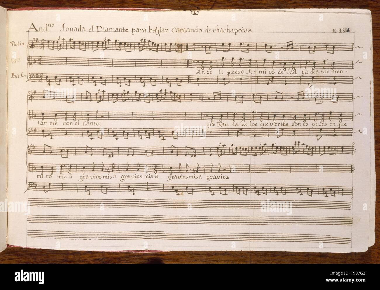 CODICE TRUJILLO DEL PERU - TOMO II E 187 - TONADA EL DIAMANTE PARA BAILAR CANTANDO DE CHACHAPOYAS - MANUSCRITO - siglo XVIII. Auteur : MARTINEZ COMPAÑON BALTASAR. Emplacement : PALACIO REAL-BIBLIOTECA. MADRID. L'ESPAGNE. Banque D'Images
