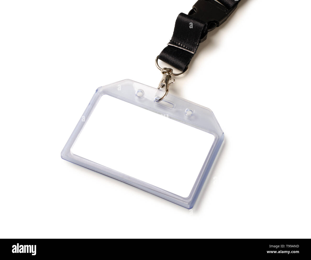 Maquette vierge bagde isolé sur fond blanc. Nametag avec ruban noir en plastique transparent et porte-papier. Banque D'Images