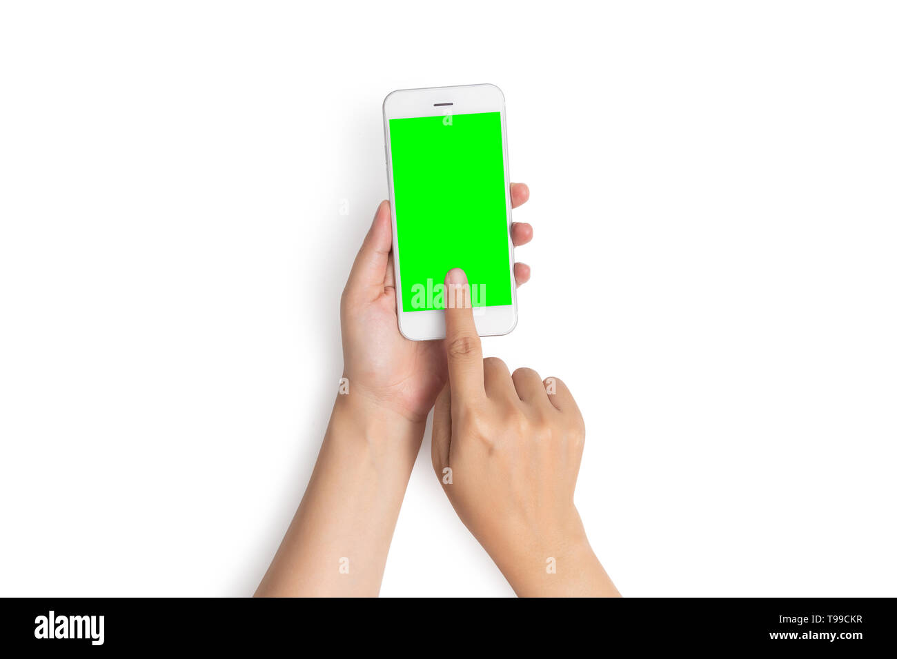 Femme part utiliser le doigt sur le bouton de téléphone mobile tactile avec écran vert blanc en vue de dessus, isolé sur fond blanc avec clipping path Banque D'Images