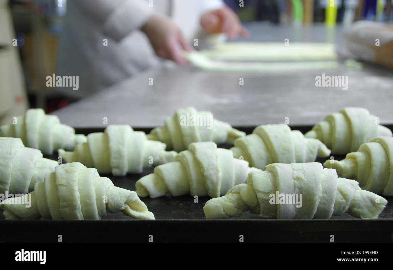 Croissants crus disposés sur une plaque. Préparation de la pâte dans une pâtisserie. Le boulanger de profession. Banque D'Images