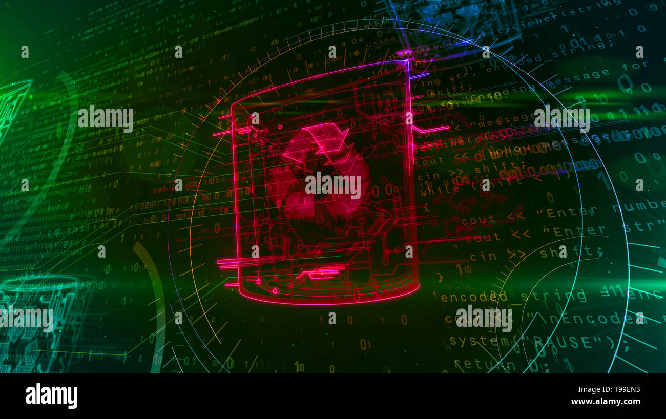 Symbole corbeille de l'ordinateur numérique dynamique sur l'arrière-plan. L'icône de suppression de données numérique lumineux abstract 3d illustration. Recyclage lumineux signe. Banque D'Images