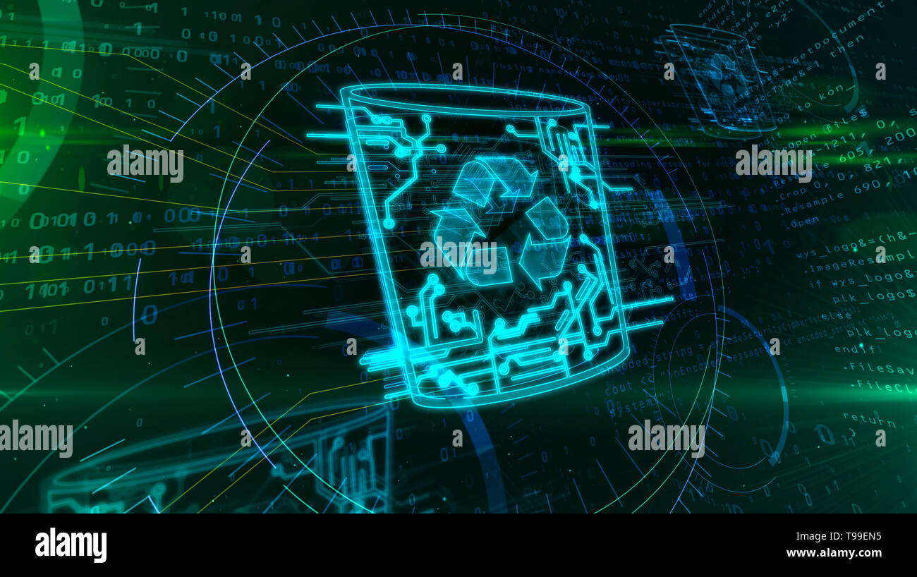 Symbole corbeille de l'ordinateur numérique dynamique sur l'arrière-plan. L'icône de suppression de données numérique lumineux abstract 3d illustration. Recyclage lumineux signe. Banque D'Images