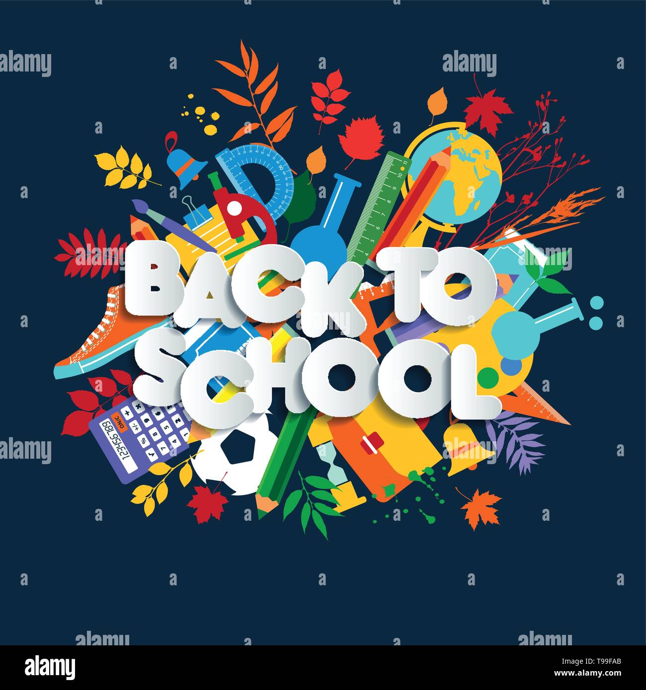 Retour à l'école bandeau web, illustration pour enfants colorés avec des fournitures de classe et heureux typographie citer. Illustration de Vecteur