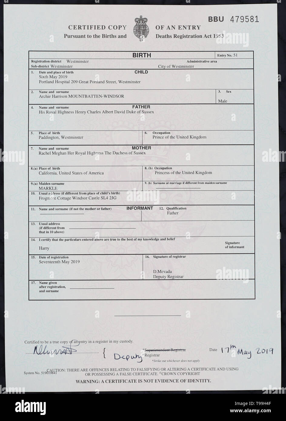 Le certificat de naissance d'Archie Harrison Mountbatten-Windsor, fils du duc et de la duchesse de Kent, qui est né à l'hôpital Portland de Londres. Banque D'Images
