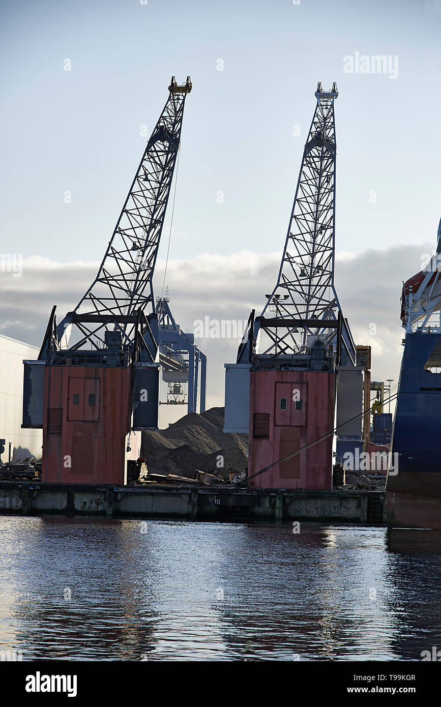 Grues et porte-conteneurs dans le port de Rotterdam dans soleil du printemps Banque D'Images
