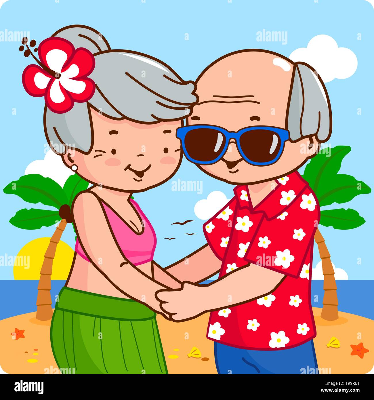 Couple de personnes âgées au Tropical Beach, sur une île. Vector illustration Illustration de Vecteur