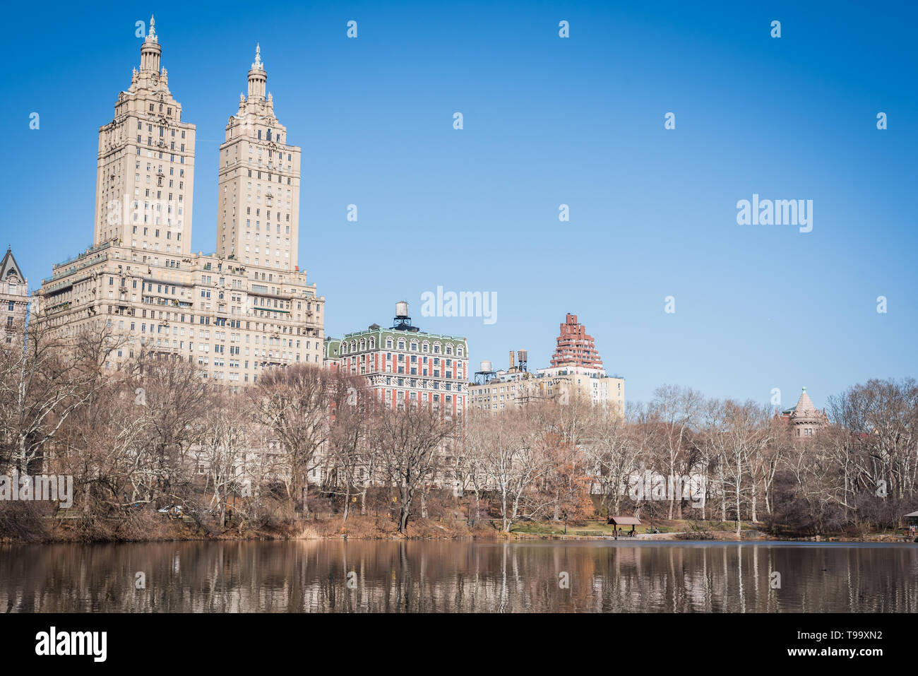 New York paysage Lac avec branches d'arbres sans feuilles à la fin de l'hiver dans la région de Central Park Banque D'Images