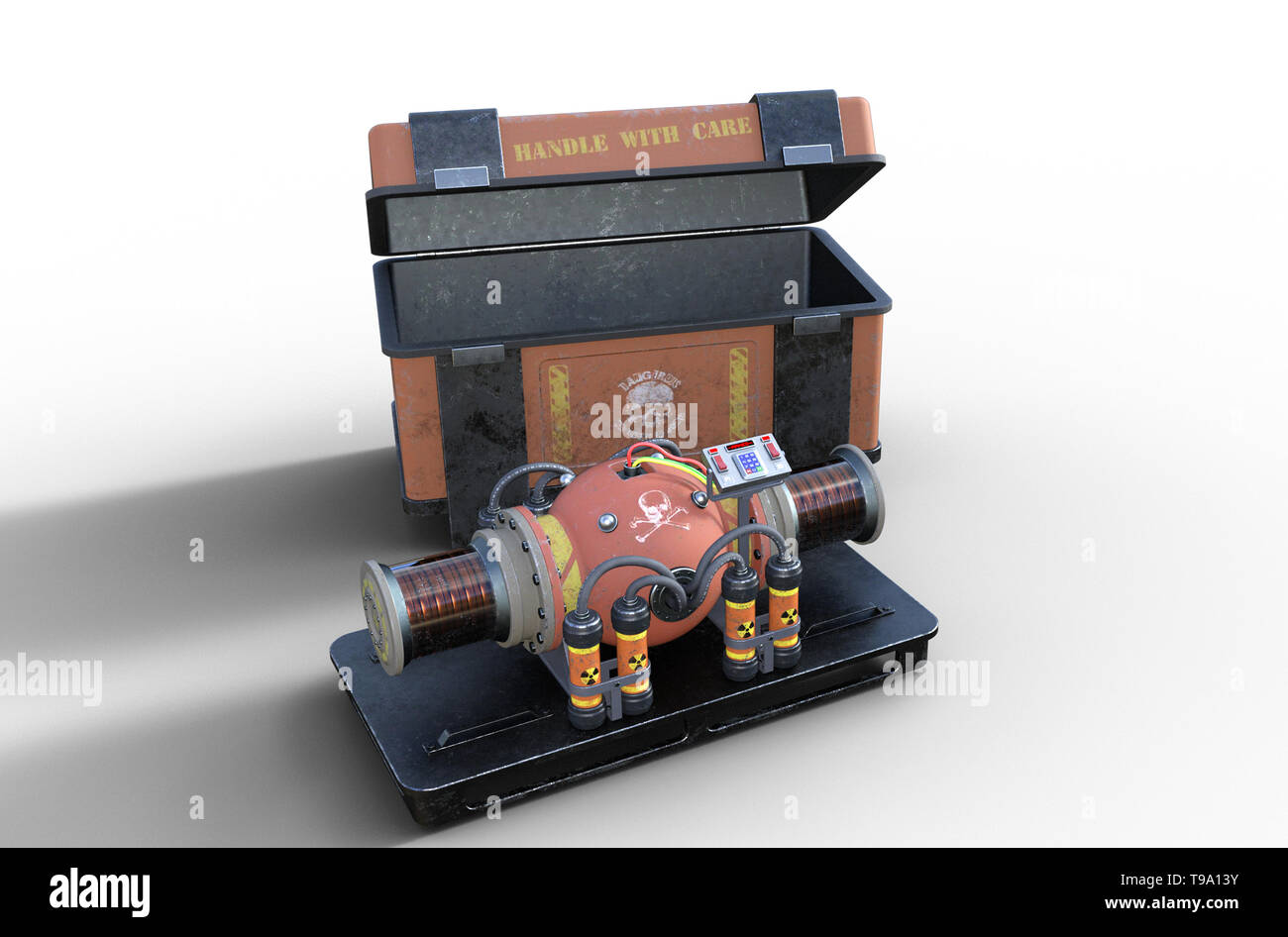 Une sale bombe nucléaire, un terroriste doomsday device et it†s holding crate, isolé sur fond blanc, 3D render Banque D'Images