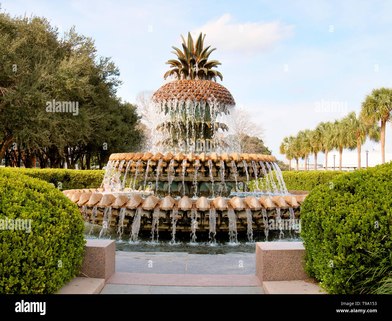 L'emblématique fontaine d'ananas dans Waterfront Park, Charleston, Caroline du Sud, un symbole d'hospitalité et un point de repère de la côte historique de la ville. Banque D'Images