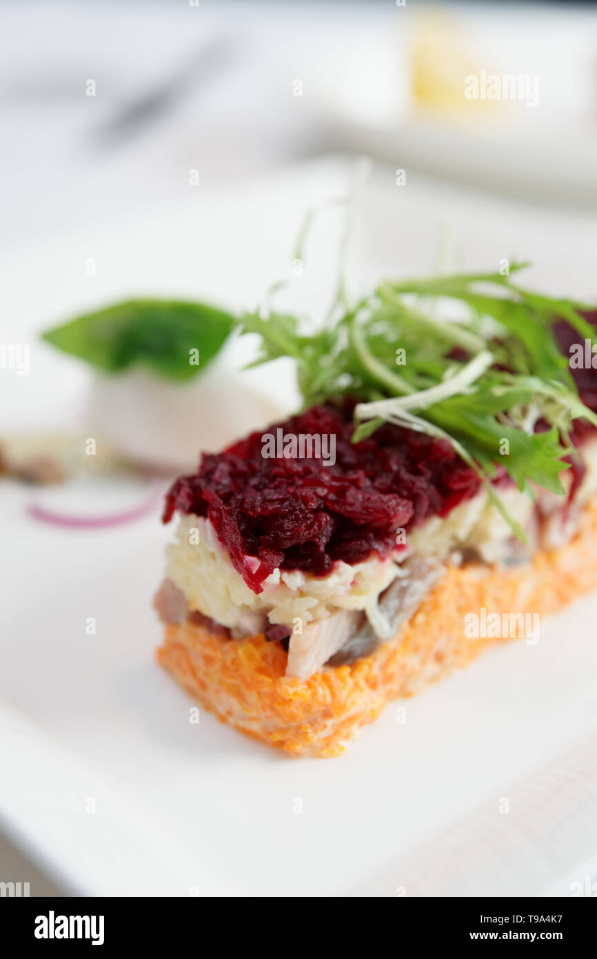 Hareng habillé apéritif, une cuisine traditionnelle russe, plat cuisiné avec touche moderne Banque D'Images