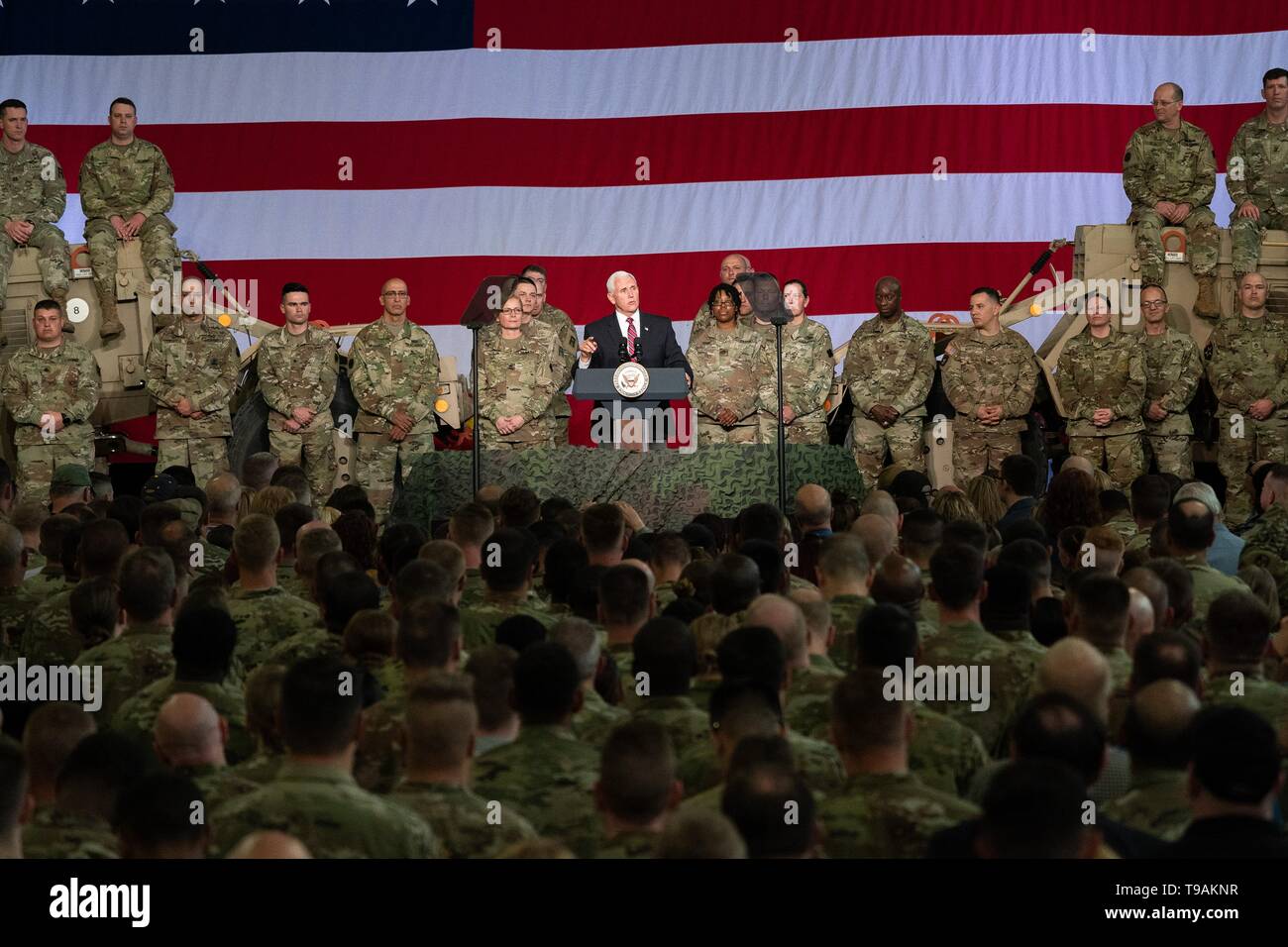 Le Vice-président américain Mike Pence traite de soldats lors d'une visite à Ft. 16 mai 2019, McCoy dans la région de Tomah, Wisconsin. Banque D'Images