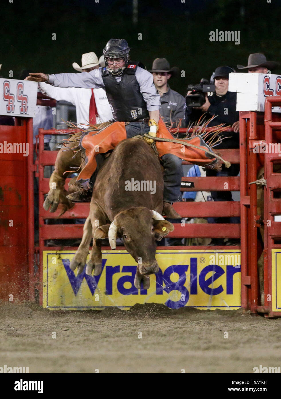 Surrey, Canada. 17 mai, 2019. Un cowboy participe à la monte de taureau pendant le 73ème Cloverdale Rodeo sur invitation à Surrey, Canada, 17 mai, 2019. Le Cloverdale Rodeo sur invitation comprend 96 cowboys et cowgirls de classe mondiale d'Amérique du Nord pour soutenir la concurrence et de mettre en valeur leurs compétences dans ce quatre jours d'événements de rodéo. Credit : Liang Sen/Xinhua/Alamy Live News Banque D'Images