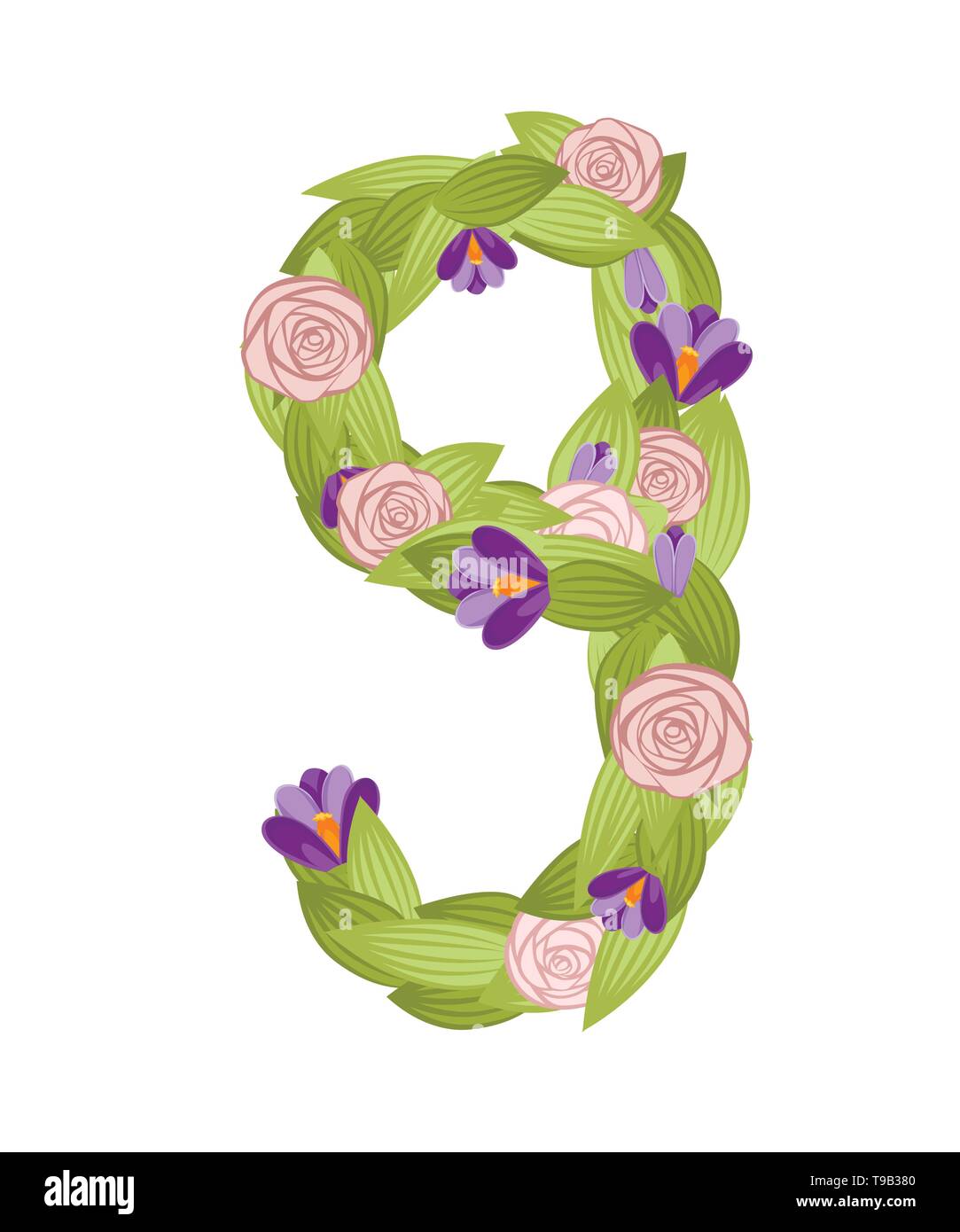 Numéro neuf. Caricature flower font du design. Numéro 9 avec des fleurs et des feuilles. Télévision vector illustration isolé sur fond blanc. Illustration de Vecteur