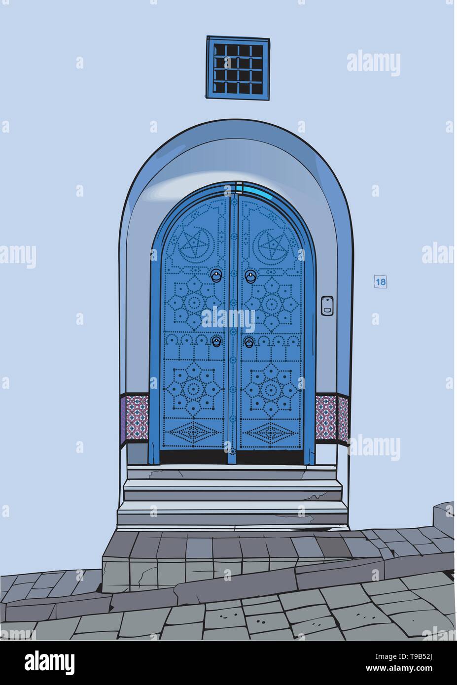 Un Tunisien porte à Sidi Bou Said, Tunis. Illustration de Vecteur