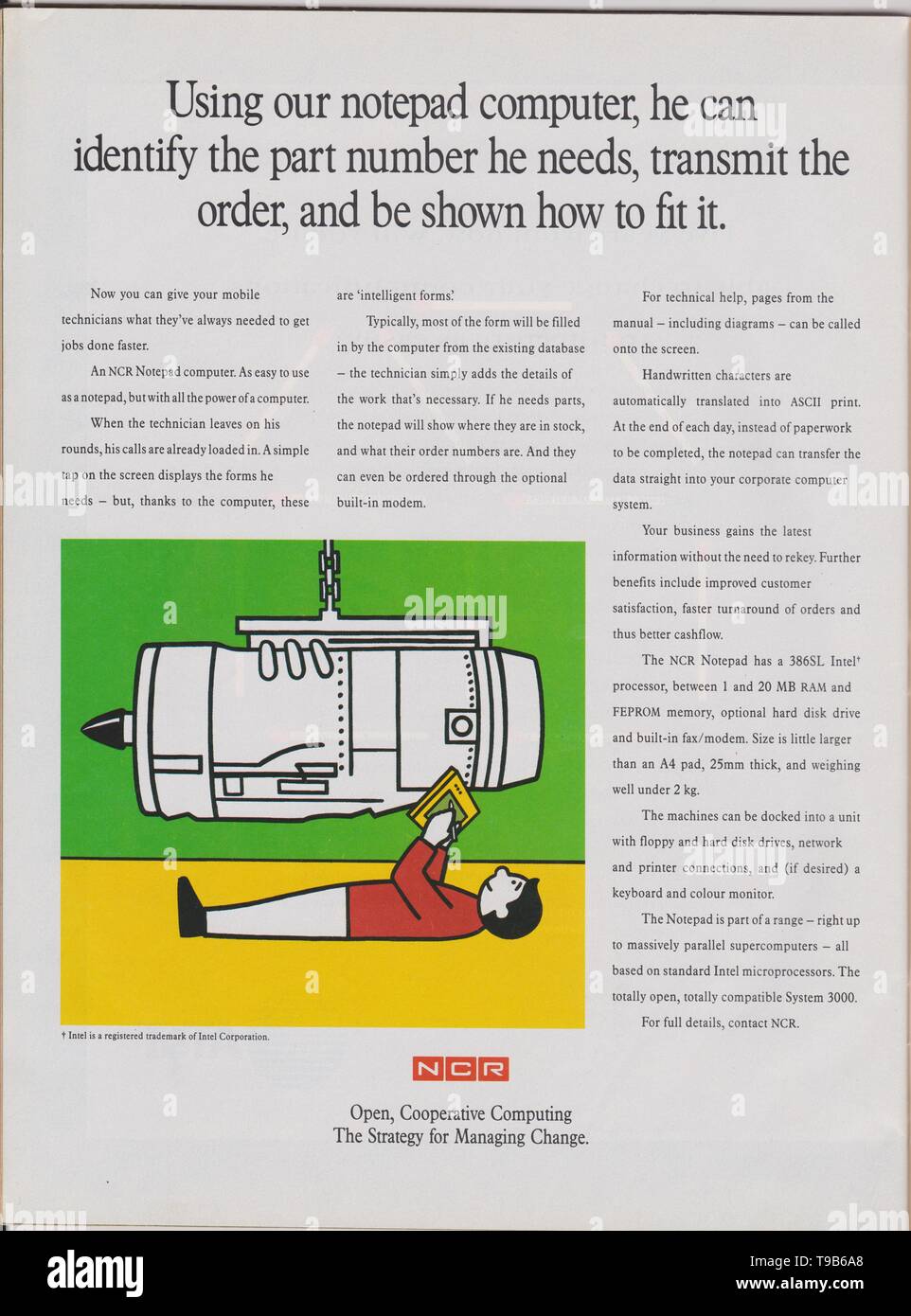 Affiche publicitaire de RCN, l'ordinateur bloc-notes 386sl puce du processeur dans le magazine à partir de 1992, l'informatique ouverte et coopérative slogan, une publicité à partir d'années 90 Banque D'Images